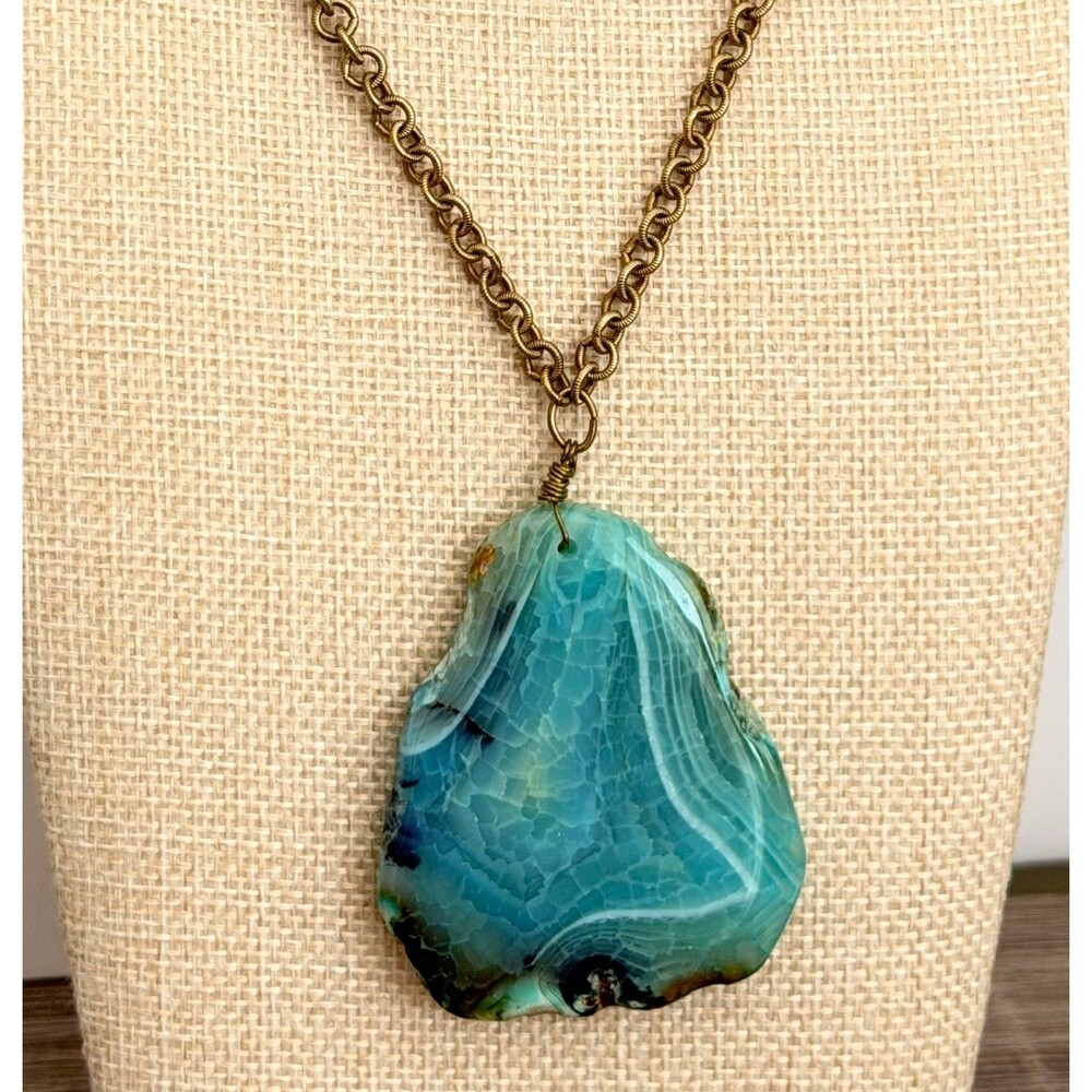 Teal Agate Geode Slice Statement Pendant with Textured Brass Chain  This